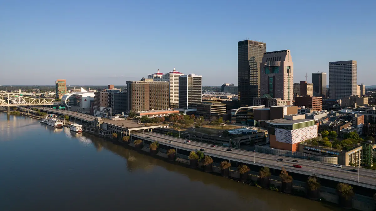 Downtown Louisville and the Ohio River riverfront from above the river